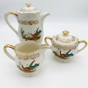 VTG Chinese Tropical Export 3-pc Tea/Coffee Service Hummingbird Flowers Gold